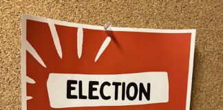 Poster advertising the union election in Pound Hall. The poster also lists the hours for valid voting.