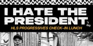 "I Hate the President's Day" flyer, which has "I HATE THE PRESIDENT" in all caps, with a small "'s day" in lower case following the words. Additionally there is a black and white, grainy image of Elon Musk and Donald Trump in the oval office.