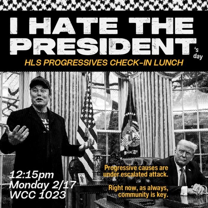 "I Hate the President's Day" flyer, which has "I HATE THE PRESIDENT" in all caps, with a small "'s day" in lower case following the words. Additionally there is a black and white, grainy image of Elon Musk and Donald Trump in the oval office.