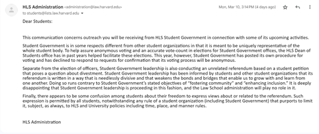 HLS Administration's email to students regarding the Student Government's eventual publication of the referendum.