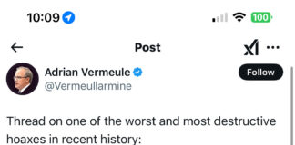 X(formerly known as Twitter) post showing Adrian Vermeule, J.D. '93, reposting with approval a thread describing reactions to revelations about unmarked graves at First Nations' residential schools "hysteria" and decrying the lack of attention paid to subsequent attacks on Catholic institutions.