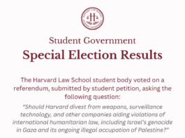 Photo titled "Student Government: Special Election Results" that lays out the question presented in the referendum, which asks students whether Harvard should divest from entities affiliated with Israel's alleged genocide in Gaza. . It also reads the final results: 842 total votes, with 72.7% (612 votes) voting in favor of divestment, and 27.3% (230 votes) voting against.
