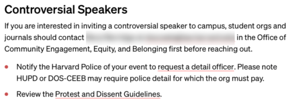Screenshot of the HLS Speaker Outreach page under the heading Controversial Speakers, with contact information blurred.